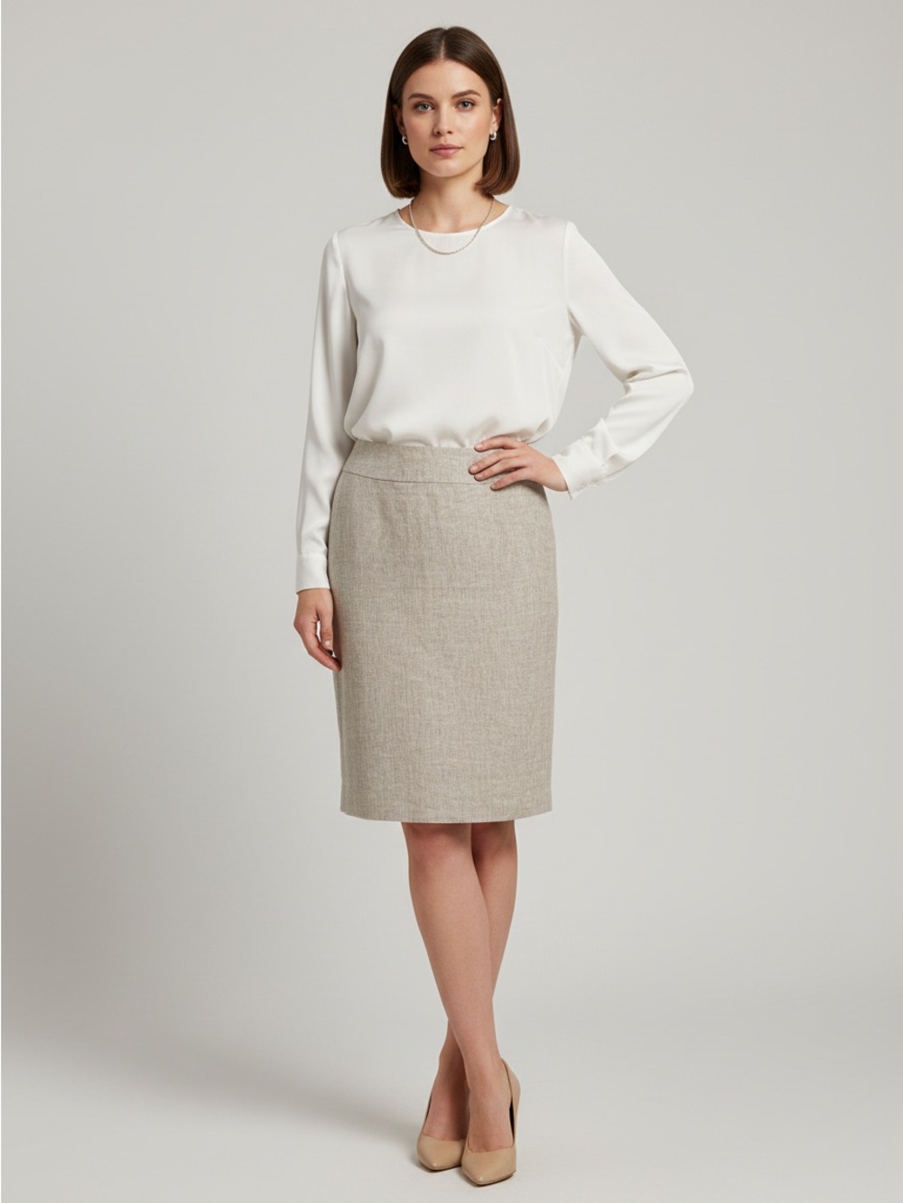 Antonio Melani 100% Linen Pencil Skirt Oatmeal Kick Pleat Office Work Size 4